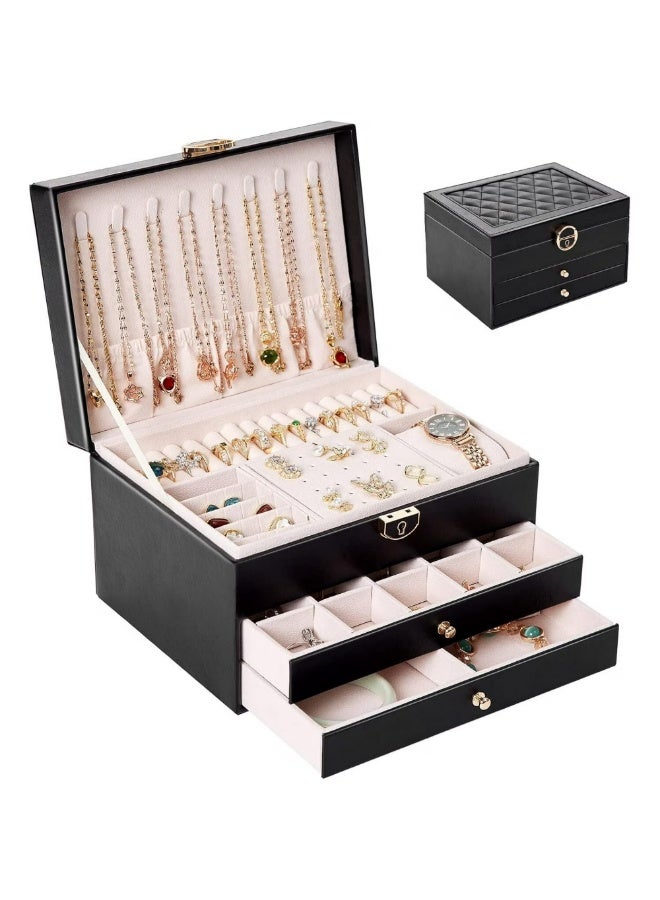 Jewelry organizer for women and girls, large three-tier jewelry storage box, faux leather jewelry display stand with removable tray for necklaces, earrings, rings and bracelets - Image 1